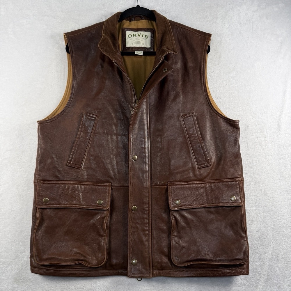 Orvis Munitions Leather Cargo Vest Men's L Hunting Jacket Zip Field Corduroy Clr